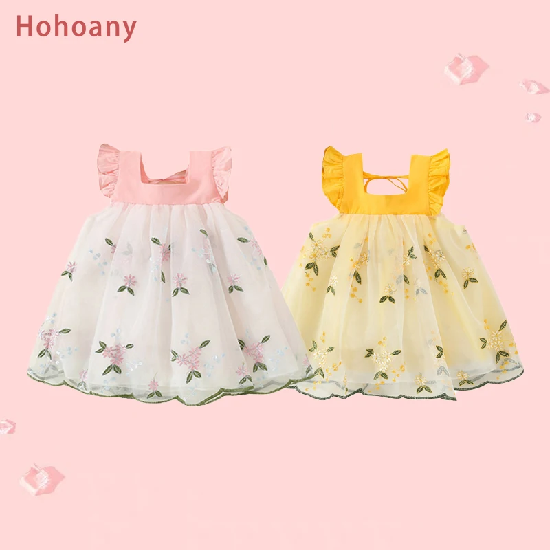 Hohoany Sweet Children Clothes Summer Sleeveless Flowers Baby Girl Tulle Dresses Thin Toddler Kids Costume For 0 to 3 Years Old