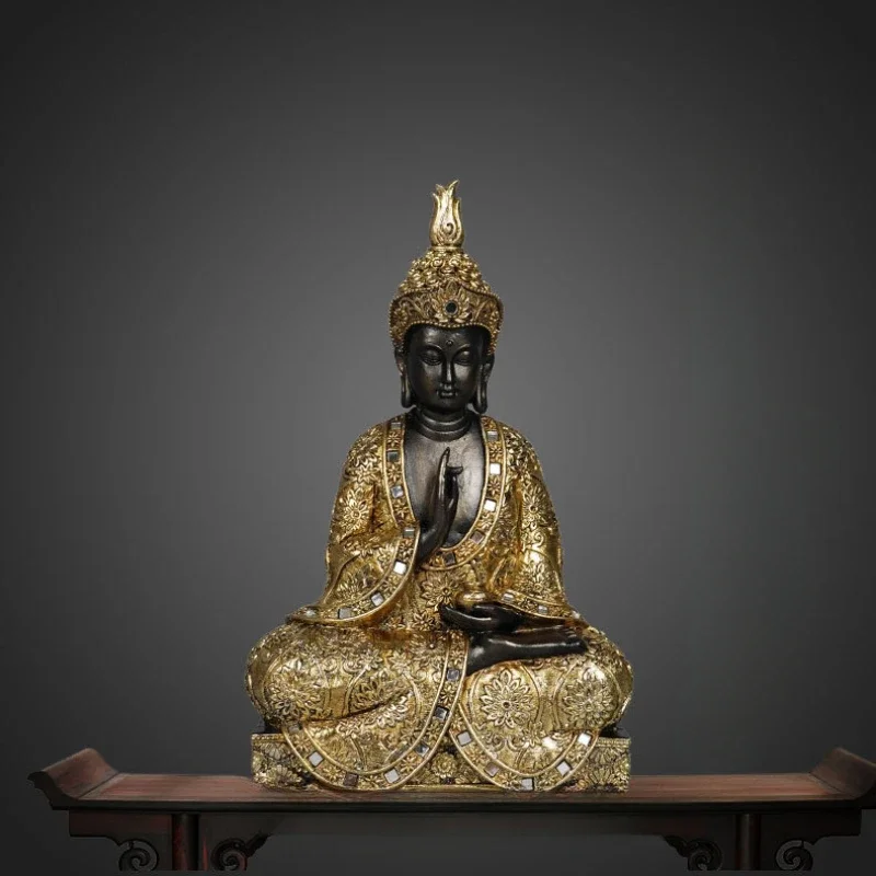 

Buddhist Home Decoration: Intricate Resin Figurine featuring Golden Buddha