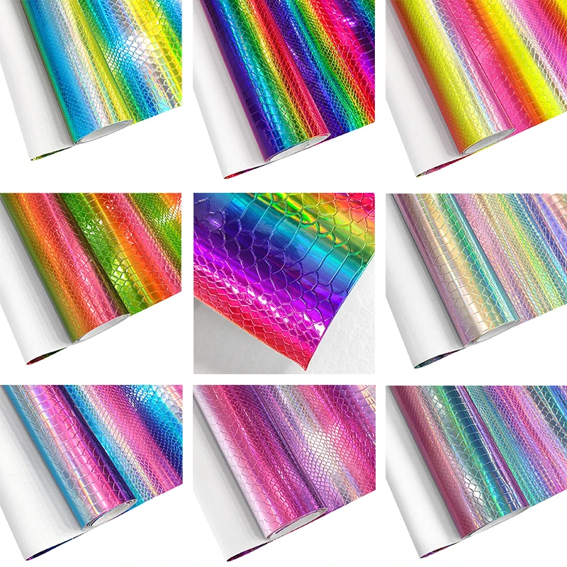 

30x135cm Iridescent Gradient Bump Texture Faux Leather Holographic Snake Skin Leather Fabric DIY Material For Handbag Garments