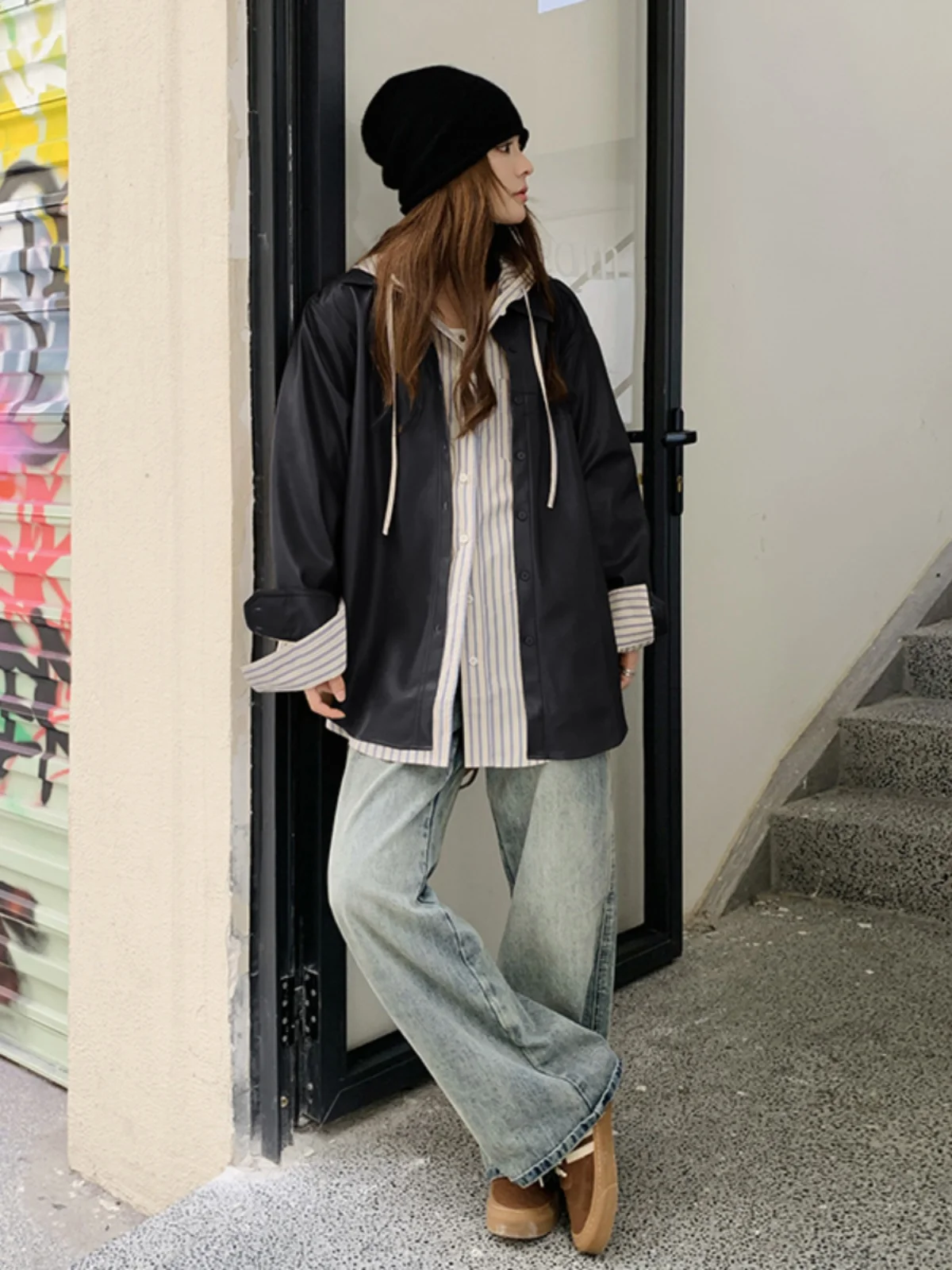 Американское винтажное черное кожаное пальто верхняя одежда женская весна и