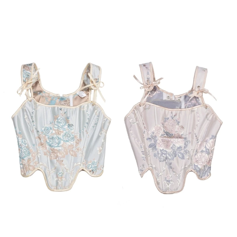 

N58F Embroidery Lace-Up Tied Waspie Women Corset TankTop Girls Waist Shaping Corsets