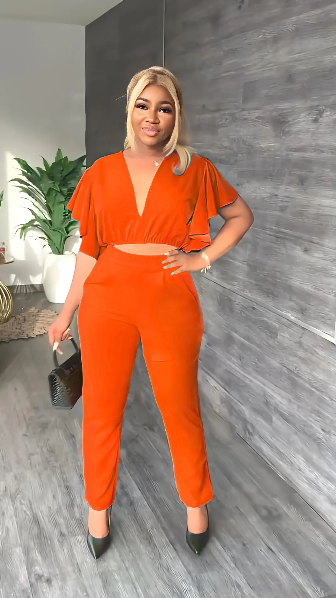 

Summer Fashion Two Piece Set Women Casual Ruffled Sleeve V-neck Tops Straight Pants Two Piece Suit Women