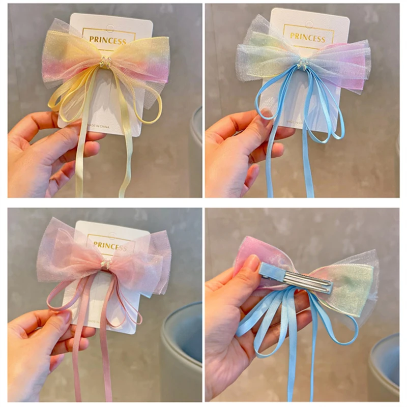 

8Pcs/Lot Children Hair Clip Long Net Yarn Bowknot Ribbon Gradient Rainbow Bow Hairpins Girl Headdress Streamer Braided Hairpin