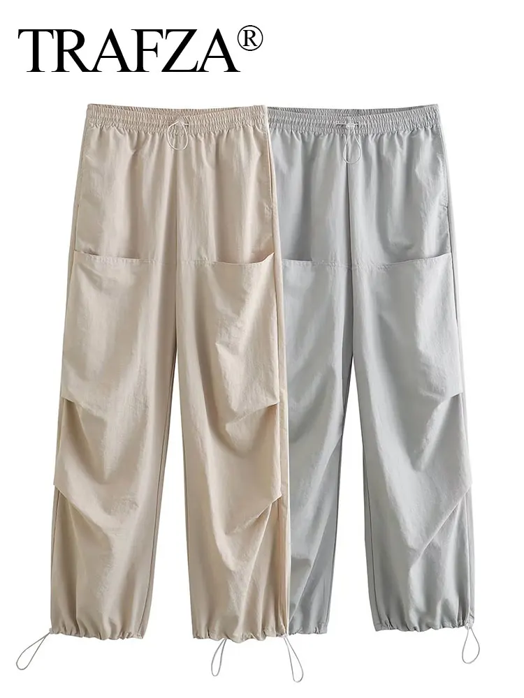 

TRAFZA Parachute Pants For Women Straight With Big Pocket Chic Design At The Knee Loose Casual Female High Waist Tousers