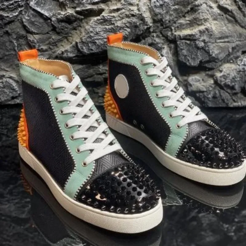 

Туфли мужские и женские высокие из натуральной кожи, роскошные повседневные лоферы, высокий каблук-шпилька, обувь на плоской подошве, свадебные кроссовки с шипами, черные, красные