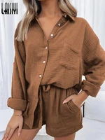 oversize two piece outfit women solid clothes suits casual nine quarter sleeve blouse pajamas loose cotton and linen shorts sets