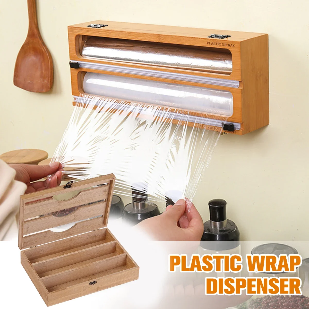 

New 3 In 1 Bamboo Wrap Dispenser Storage Dispenser for Aluminum Foil Dispenser with Cutter Cling Film Holder Kitchen Accessories