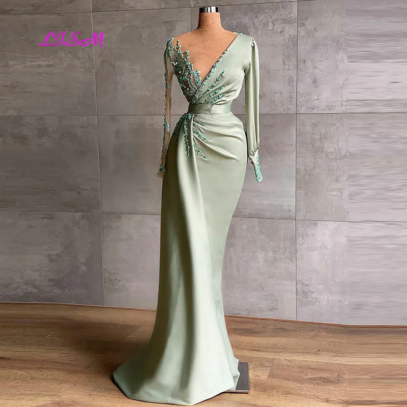 Купи Mint Green Sheer Jewel Neck Beaded Evening Dresses Long Sleeve Mermaid Prom Dress Custom Made 2022 Women Formal Party Gowns за 6,468 рублей в магазине AliExpress