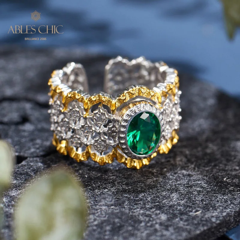 

Renaissance 18K Gold Tone Emerald Starry Lacy Floral Weddin Band 925 Silver Gemstone Honeycomb Iconic Bridal Rings C11R1S26071