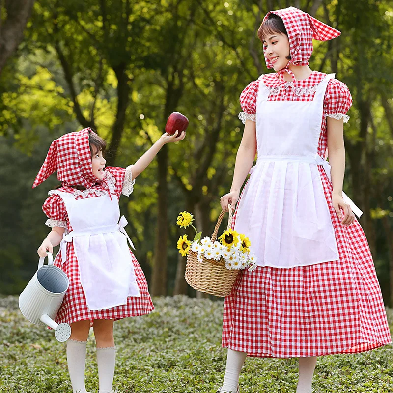 Women Girls Country Farm Fields Gardens Plaid Servant Dress French Maid Lolita Parent Child Role-playing Dresses Up Outfit