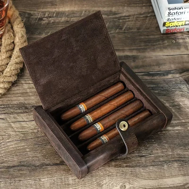 Handmade Horsehide Humidor 4 Pack Portable Travel Humidor Magnetic Buckle Flip Lid Humidor Leather Humidor