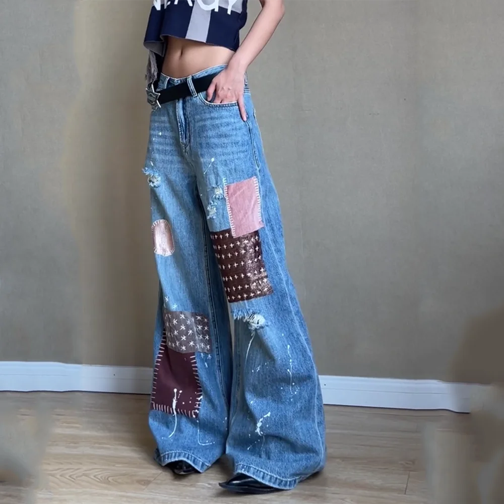 Уличная одежда Американские синие женские джинсы с высокой талией Винтажные