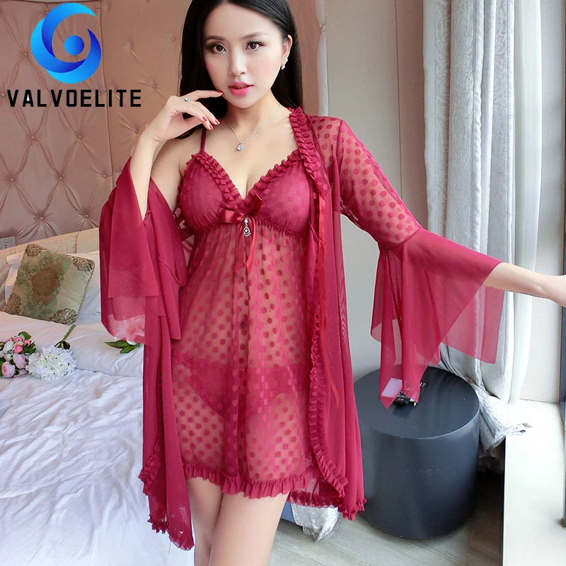 

Pajamas Women's New Style with Chest Pads Long-sleeved Nightgown Transparent Lace Suspenders Nightdress Home Service 3-piece Set