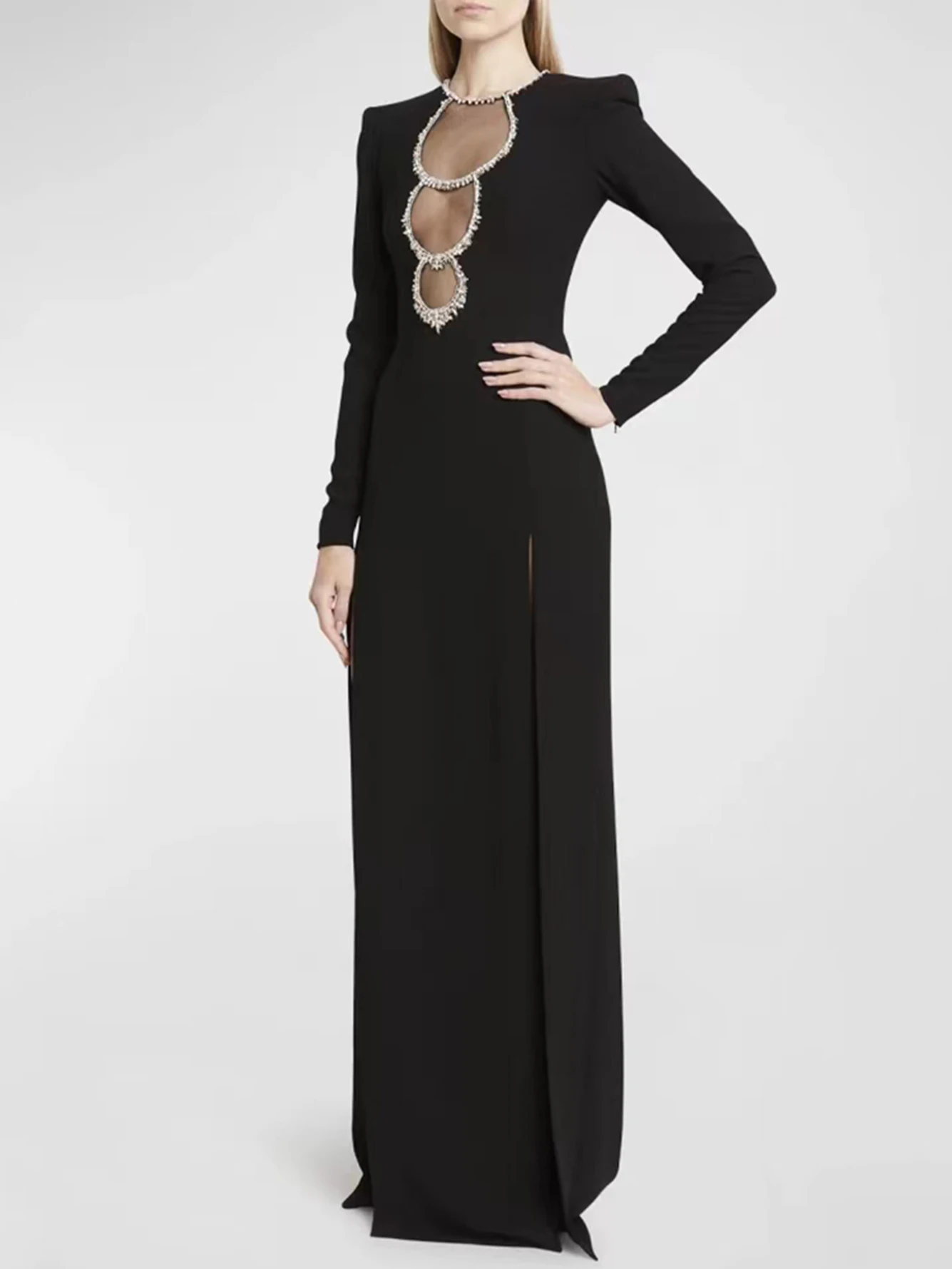 Женское длинное Сетчатое платье с круглым вырезом и длинными рукавами