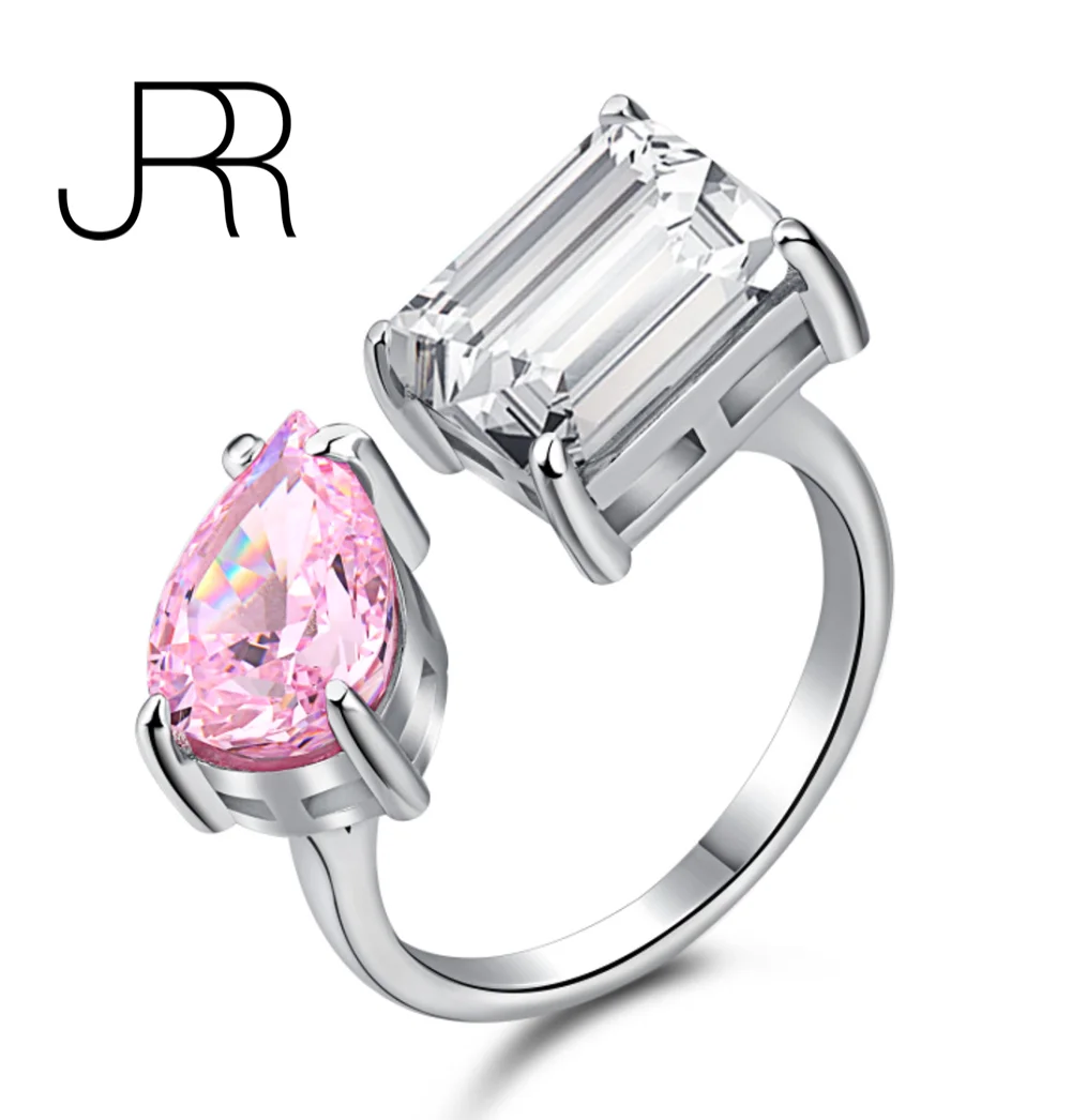 

JRR 925 Sterling Silver Pear Emerald Ice Cut Lab Pink High Carbon Diamonds Gemstone Engagement Adjustable Fine Women Finger Ring