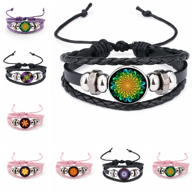 

Fashion Classic Mandala Pattern 18mm Glass Cabochon Snap Leather Bracelet Kaleidoscope Collection Gift Jewelry for Men and Women