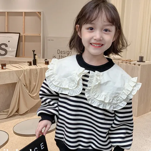 

2022 Autumn and Winter New Girls Thick Sweater Korean Fashion Striped Collar Children's Top Trend Kids Clothes