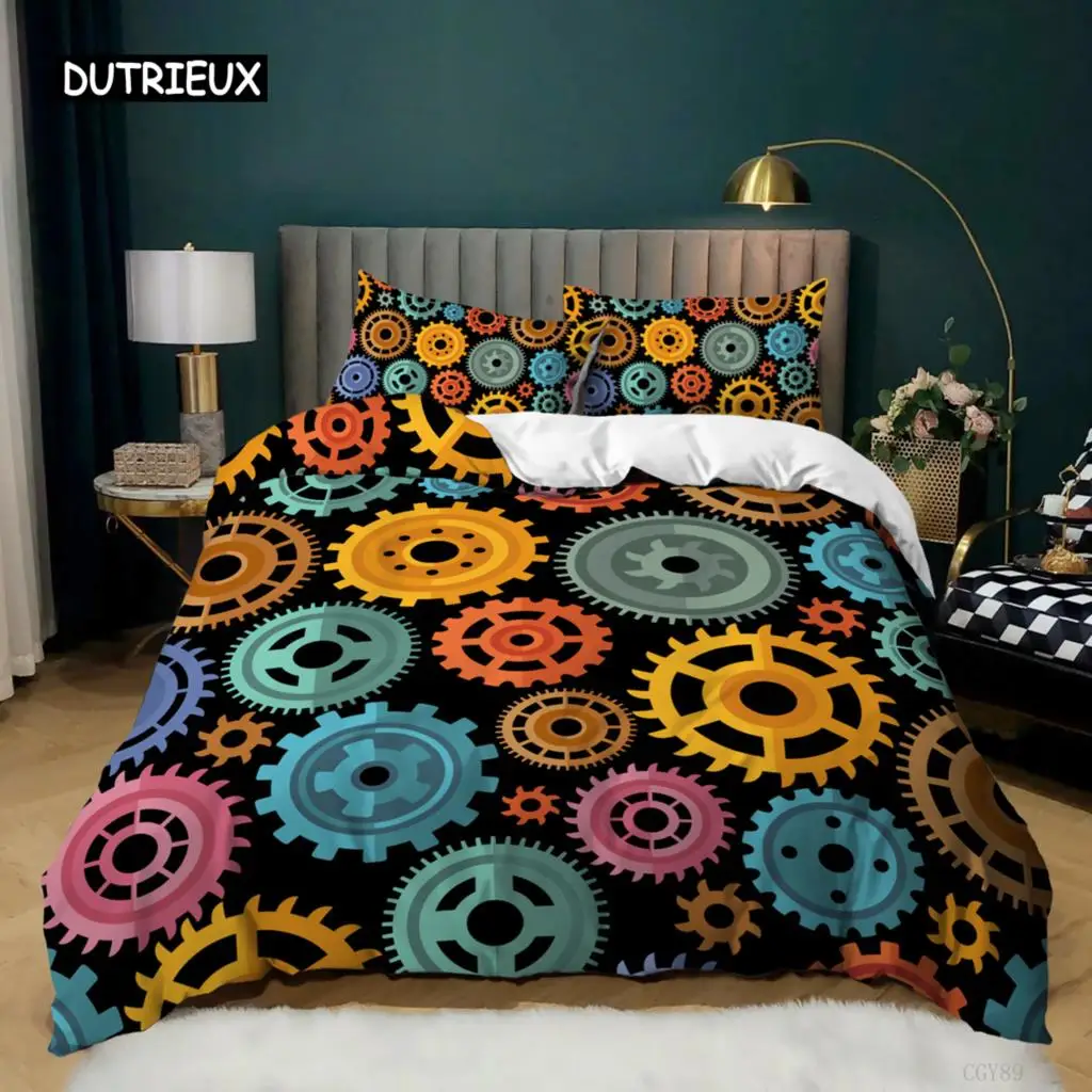 Gear Duvet Cover Set Colorful Mechanical Device Bedding for Kids Boys Men Queen King Size Chic Microfiber Quilt