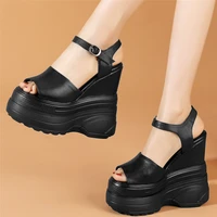fashion sneakers women genuine leather wedges high heel gladiator sandals female peep toe chunky platform pumps casual shoes