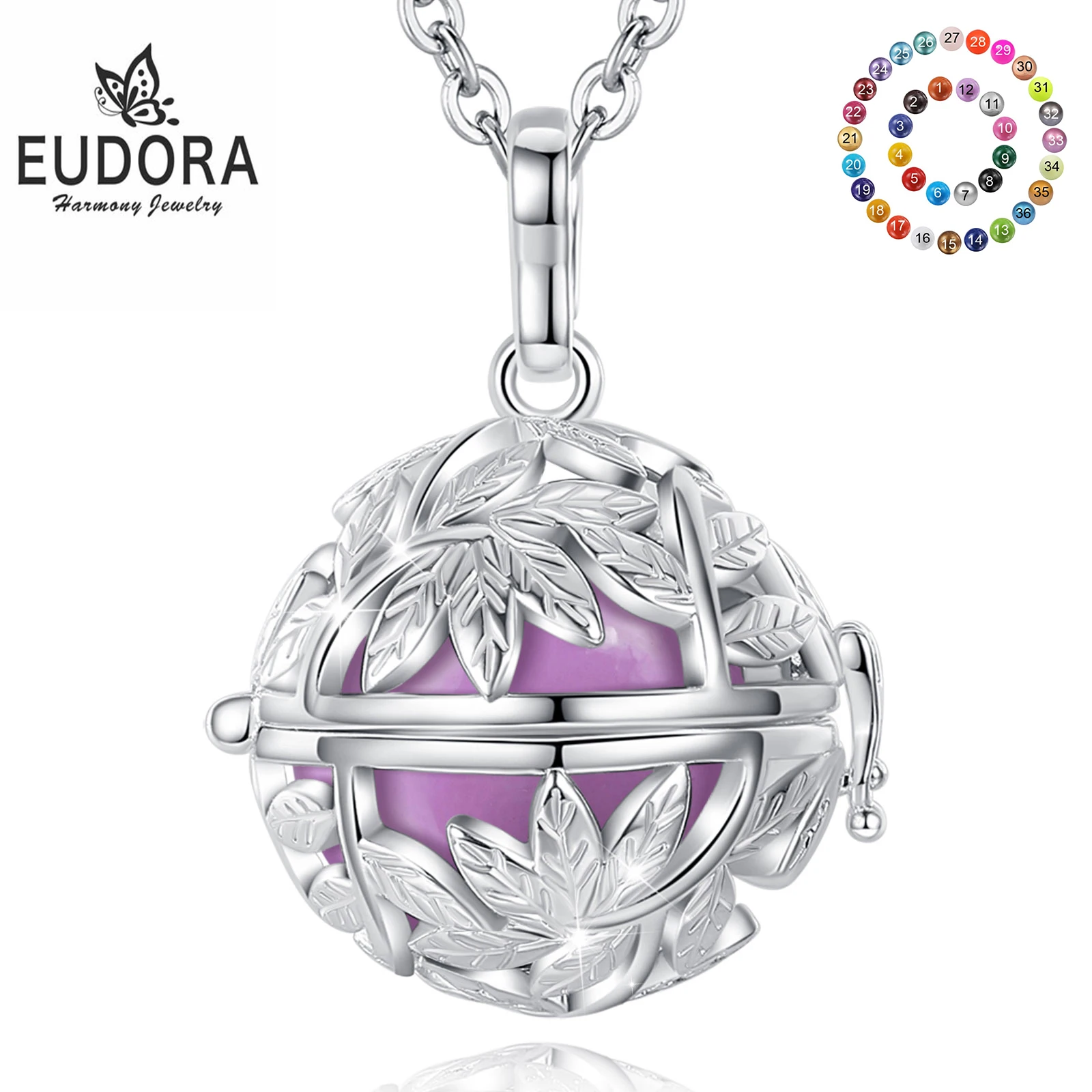 

Eudora 18mm Harmony Ball Chime Bell Pendant Tree of Life Leaf Cage Pregnancy Bola Angel Caller Necklace for Baby Women Gift