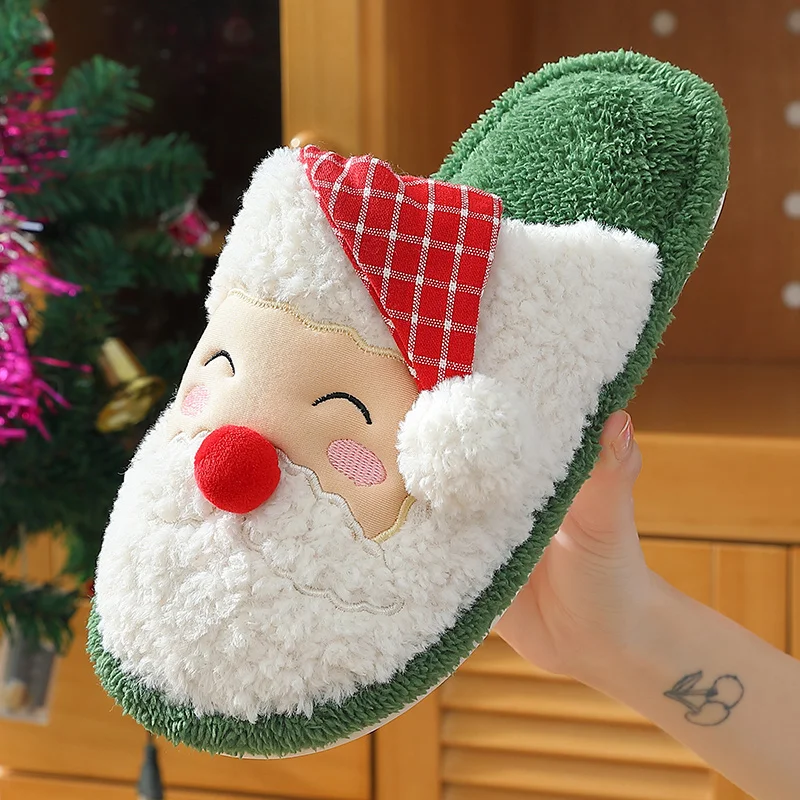 

Теплые зимние женские рождественские хлопковые тапочки меховые домашние Плюшевые сандалии на плоской толстой подошве с мультяшным рисунк...