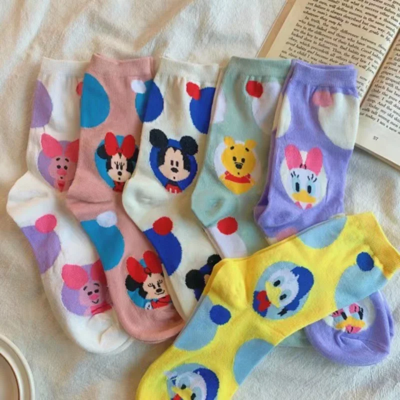 

Disney Socks Woman Cartoon Minnie Mickey Donald Duck Pig Anime Character Color Matching Wave Point Cute Funny Socks Girl
