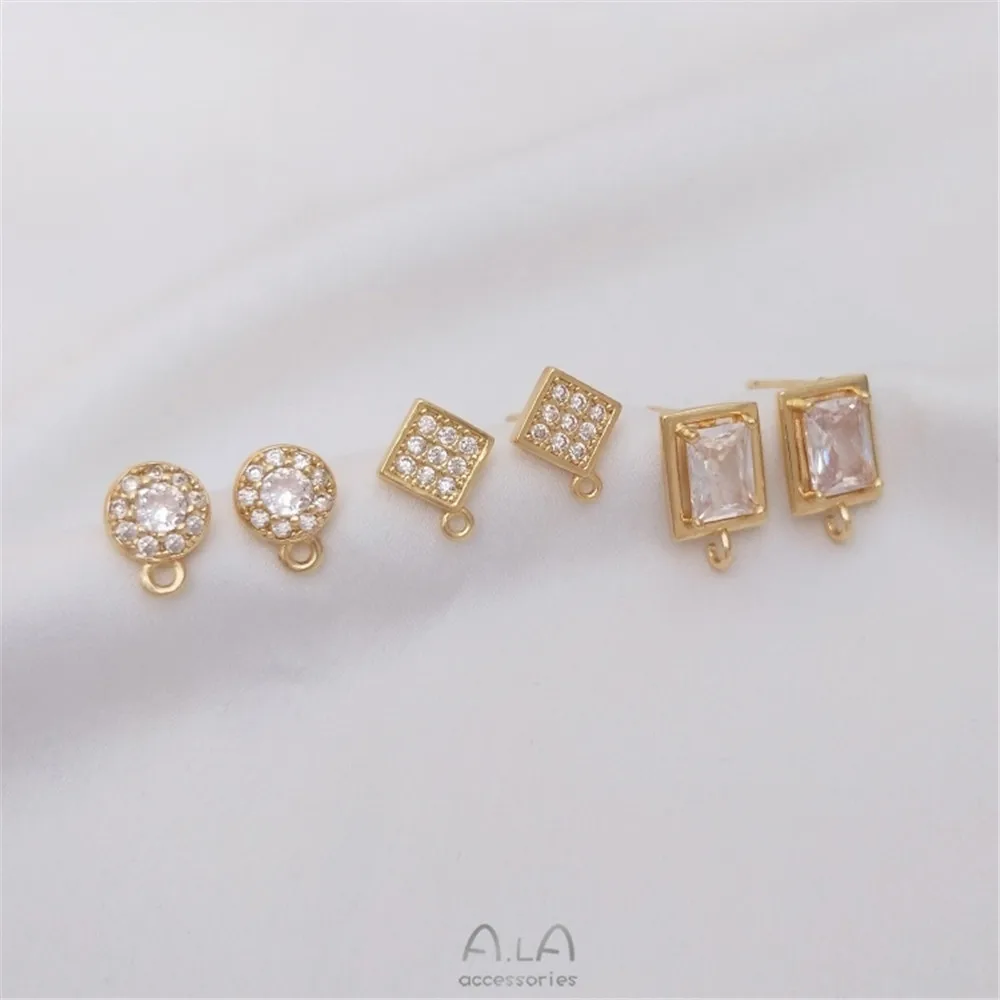 

14K gold color set zircon round diamond rectangular earrings with rings 925 silver ear pin DIY earrings