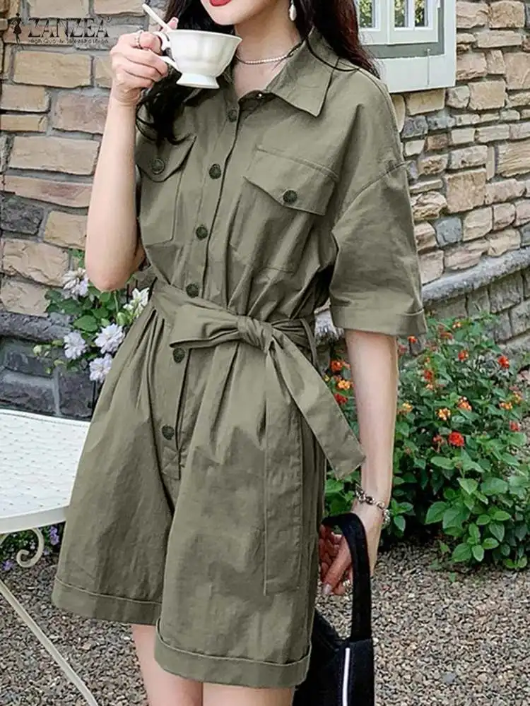

ZANZEA Summer Casual Solid OL Wide Leg Jumpsuits Women Half Sleeve Lapel Button Loose Playsuits Fashion Elegant Party Rompers
