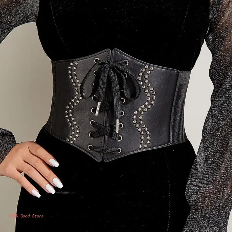 

Waist Cincher Wide Bands Belts Lace Up Costume Belt High Elasticity Elegant Attractive Accessory for Parties Black