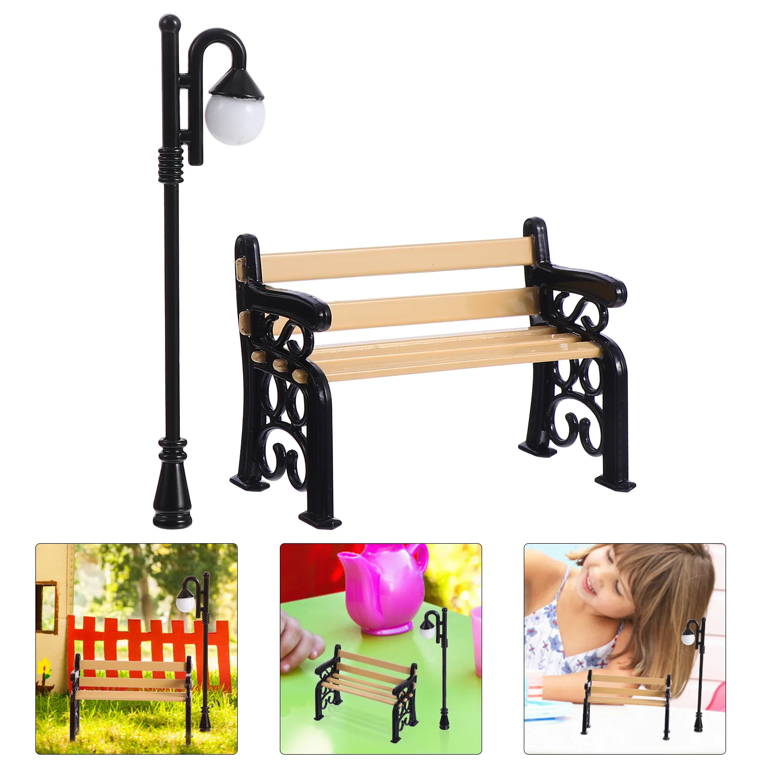

Bench Miniature Street Mini Light Model Lamptrain Post Park Lights Garden Chairaccessories Figurine Wooden Lampsresin