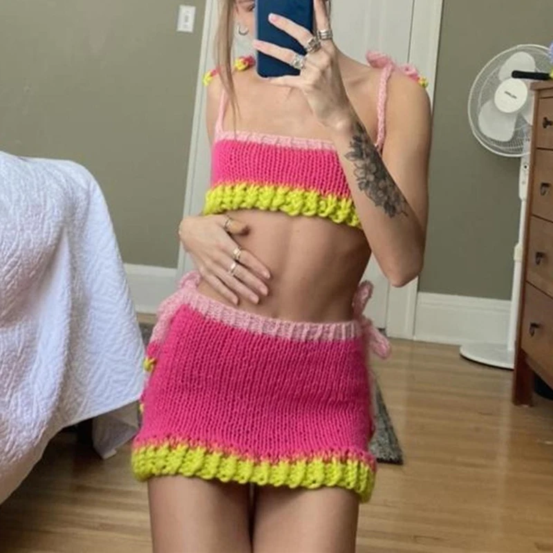 Y2K Kawaii Knitted Suit Chic Women Patchwork Tie-up Strap Crop Top Camisole and Mini Skirt 90s 00s Retro E-girl Two Piece Set
