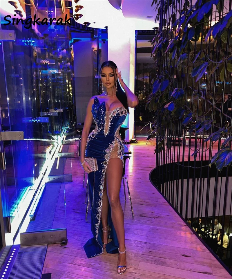 

Luxury Mermaid Prom Dresses 2023 Side Split Beaded Crystal Sexy Wedding Gowns Prom Party Robes De Soirée