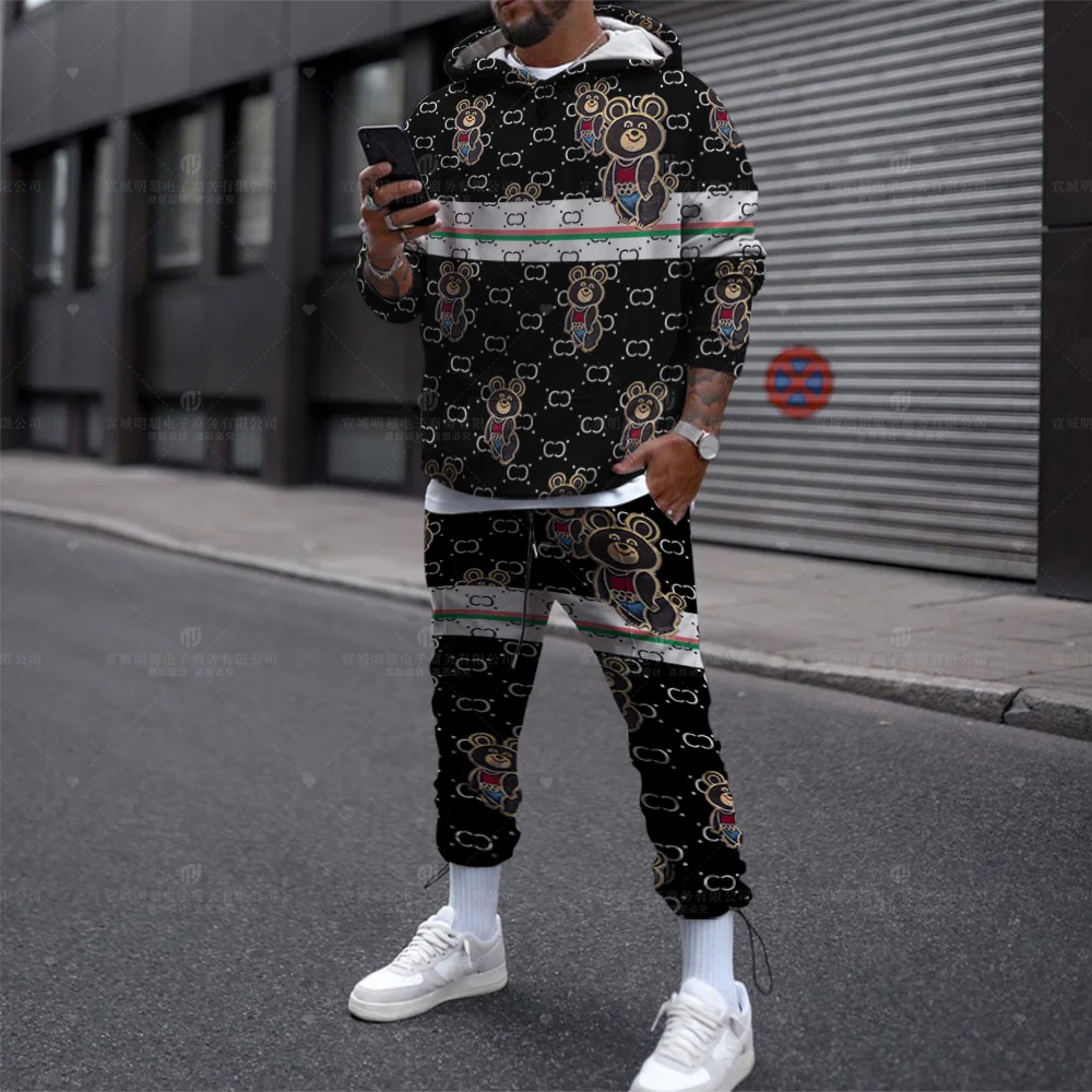 

Bear Letter Suit Hoodie 2023 New Cartoon Print Sweater Bear Baby Foreign Style Letter Trousers Two-Piece Set + Trousers