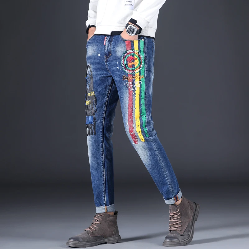 2023 New Fashion Colorful Printing Jeans Men's Straight Fit Elastic Men's Jeans Pants Men's Street Clothing Slim Fit Jeans