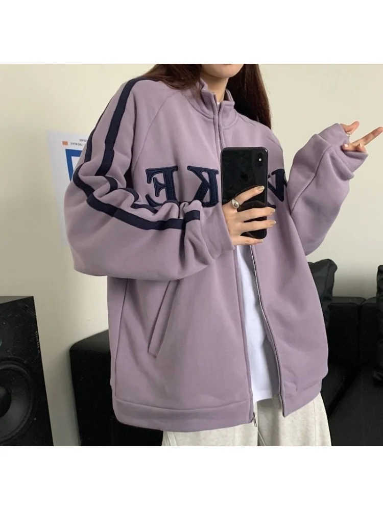 

Новинка, Корейская уличная одежда, фиолетовые свитшоты на молнии, в стиле преппи, Серое худи в стиле K-POP, винтажные флисовые куртки в стиле Харадзюку для женщин