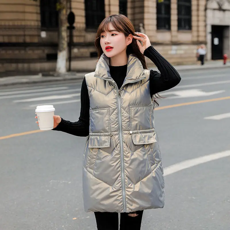 

Solid Long Vests Women Winter Waistcoat Fashion Shiny Coat Women Elegant Winter Down Cotton Vest Sleeveless Jacket Female L53