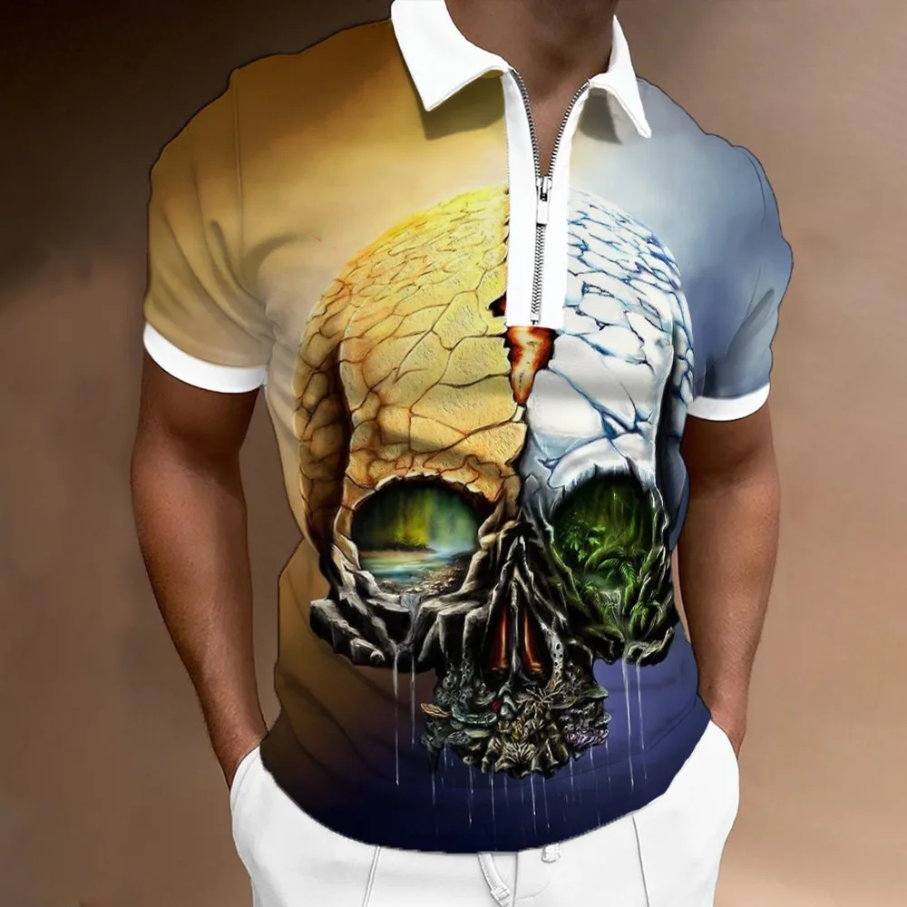 

S-5XL Men's Polo Shirts 2022 Summer Cotton Top Skull Print Polo Shirts Short Sleeve Men's T-shirts Lapel Zip Polo Shirts For Men