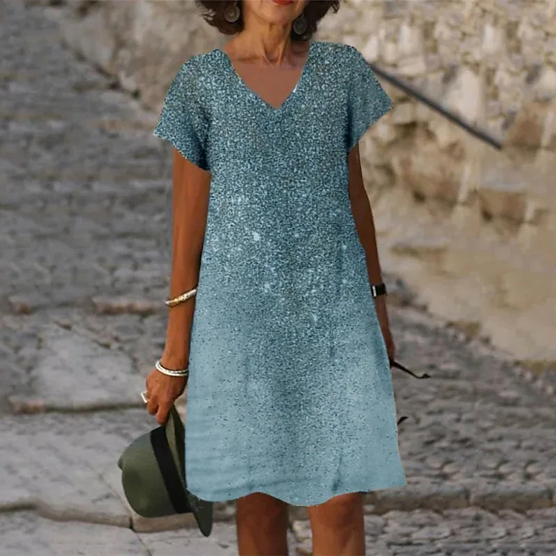 

Женское свободное платье до колена, Повседневное платье зеленого, синего, цвета хаки с коротким рукавом, V-образным вырезом и градиентным принтом, весна-лето 2022