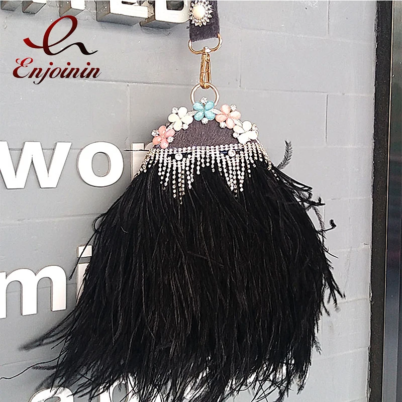 Luxury Ostrich Feather Party Clutch Evening Bag Designer Purses and Handbags for Women Rhinestone Wedding Chain Shoulder