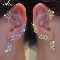 single side silver plate full pave rhinestone leaf ear clips no piercing for women copper zircon ear cuff clip earrings jewelry