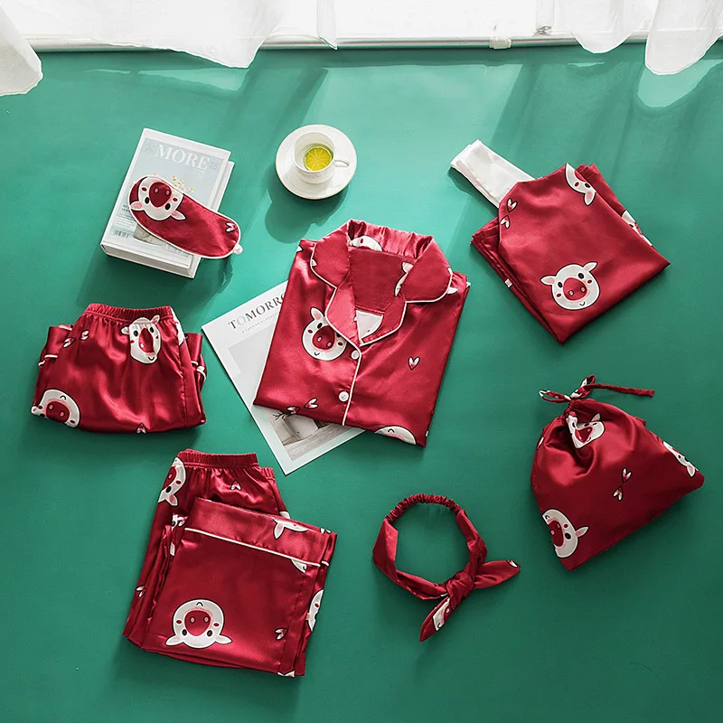 Women Seven Pieces Loungewear Set Cartoon Lovely Sleepwear Summer Spring Pajamas For Female Young Girl Home Wear Pyjamas Set