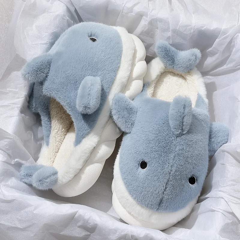 

2023 Winter New Warm Non Slip Lovely Plush Cotton Slippers Funny Animal Shark Slippers Women's Thick Soles Home Couple Slippers