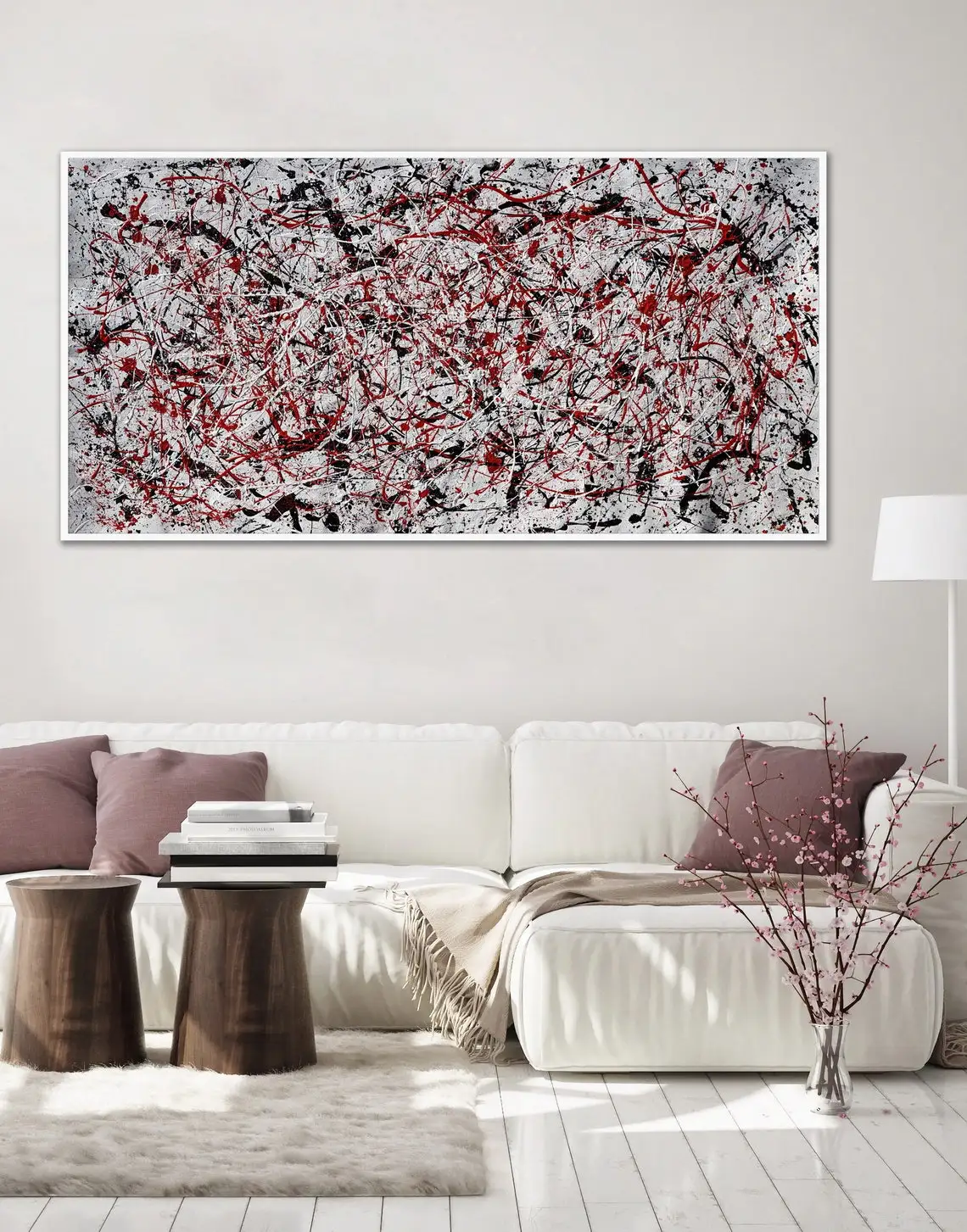 

Hand Painted Abstract Painting Canvas Art Black and Red Jackson Pollock Style Drip Painting Original Wall Art Home Room Decor