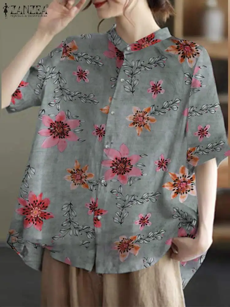 

ZANZEA Casual Loose Half Sleeve Blouses Women Floral Print Shirts 2023 Summer Holiday Cotton Round Neck Buttons High-low Chemise