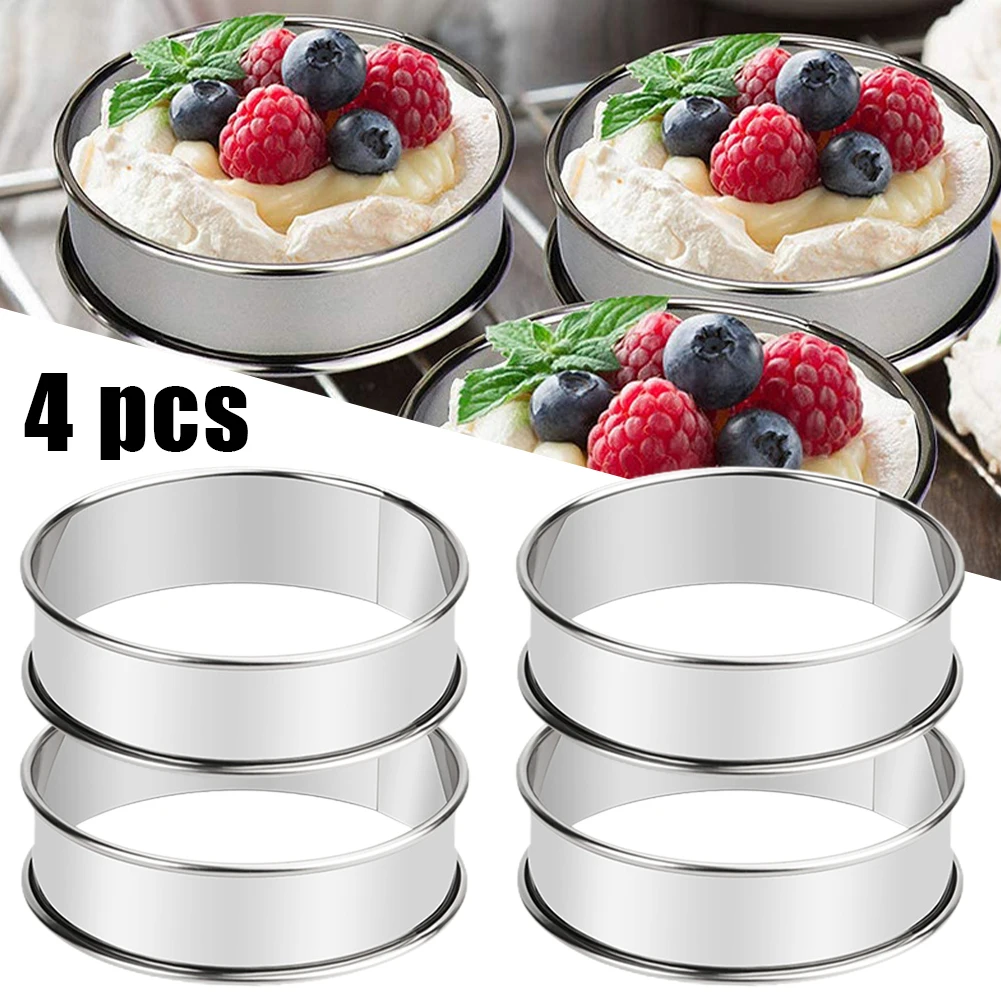 4PCS Stainless Steel English Muffin Rings Double Circle Cutter Pie Ring DIY Crumpet Rolled Cookie Tarts Cake Mousse Make Mold