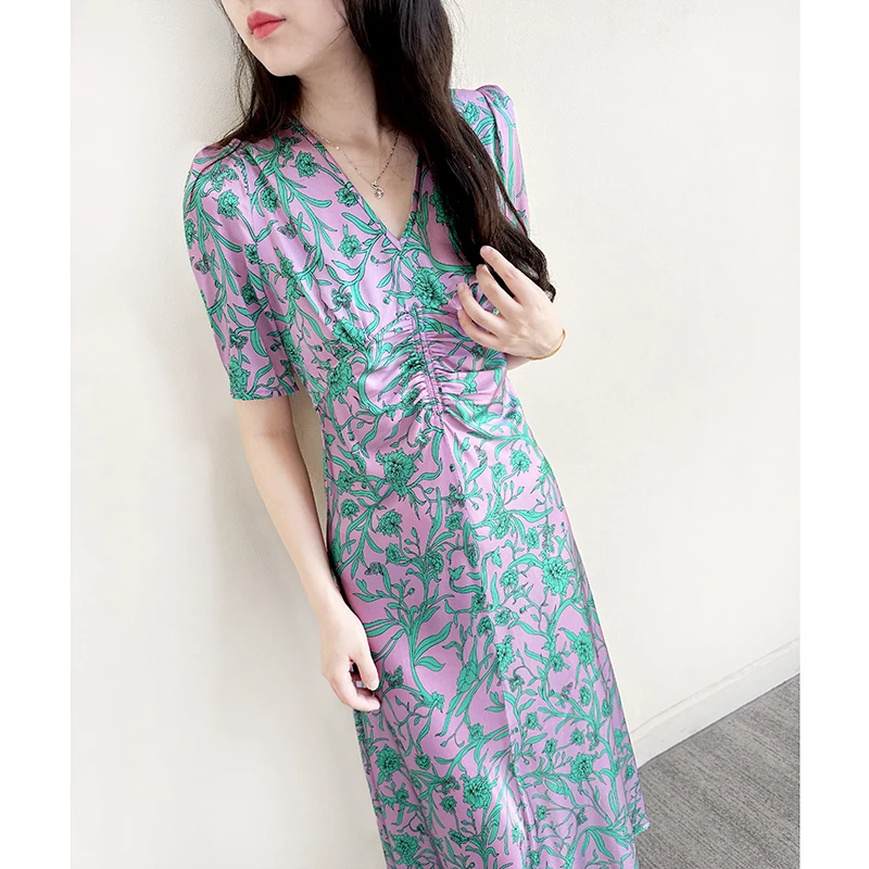 Шелковое атласное платье-миди 19 мм с V-образным вырезом и принтом UK 8-UK 14