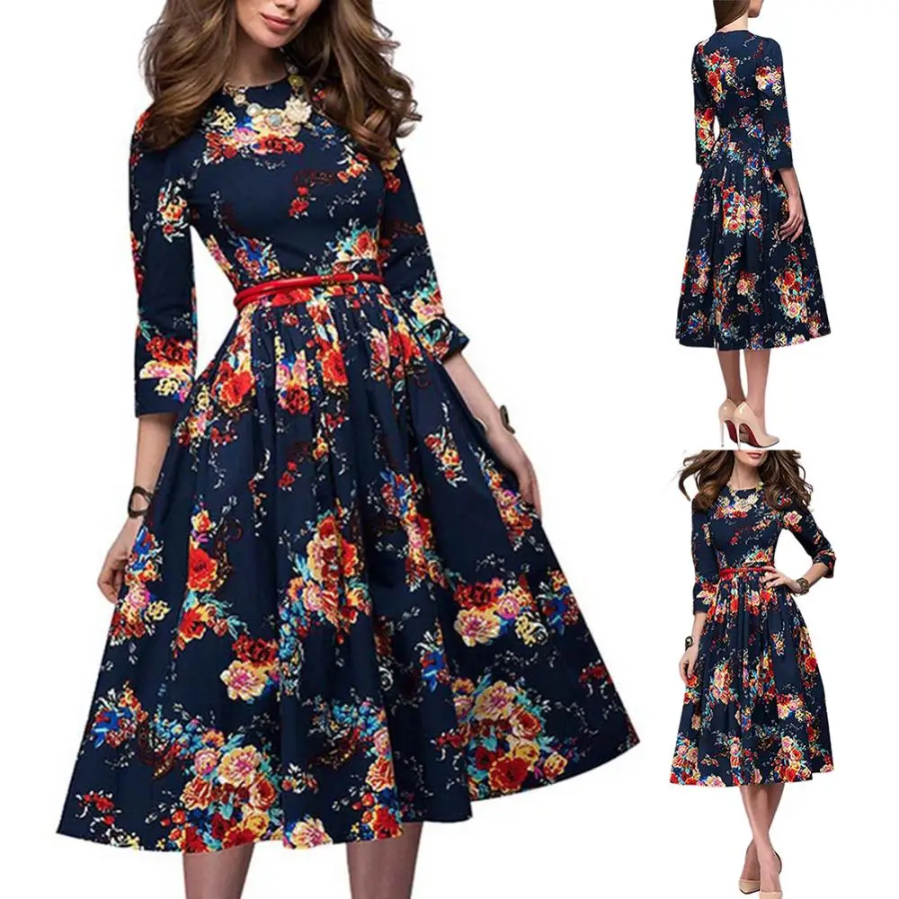 

Long Sleeve Elegant O Neck Party Dress Women Vintage Floral Print Flared Midi