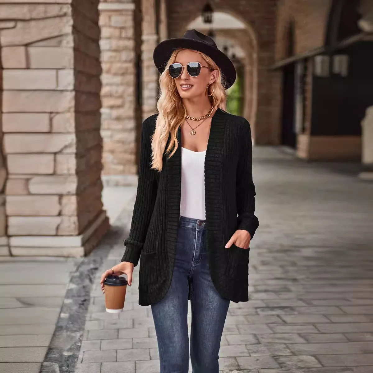 Fitshinling Женский Вязаный Кардиган Средней Эластичности Из Полиэстера С Длинными