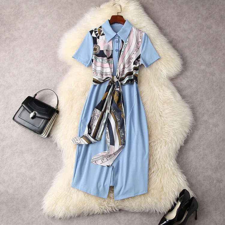 

European and American women's wear spring 2022 new Short sleeve lapel splice printed single breasted button fashion Blue dress