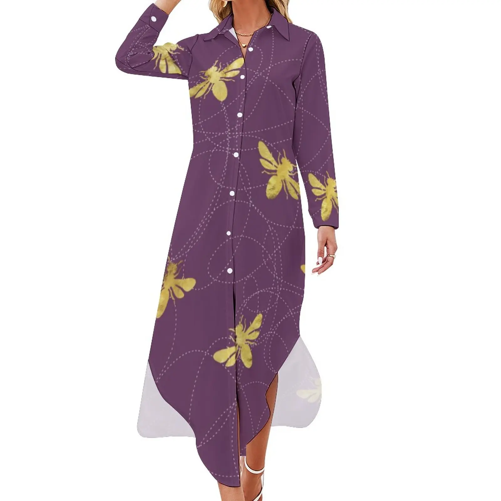 

Gold Bees Casual Dress Animal Honeybee Print Aesthetic Dresses Long Sleeve Cute Female V Neck Printed Big Size Chiffon Dress